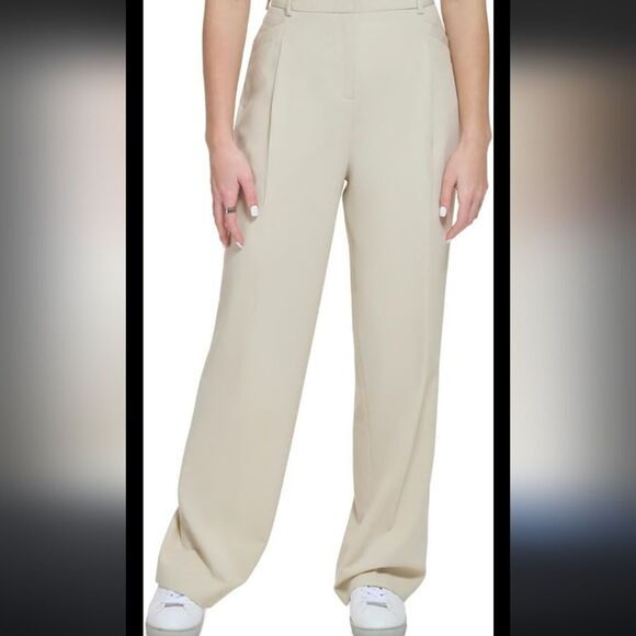 NWT Calvin Klein Chino Khaki Wide Leg Pleated High Waisted Trouser Pant - Picture 2 of 9